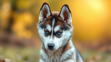 Husky puppy poses adorably in a warm autumn background during golden hour in a serene outdoor setting photo