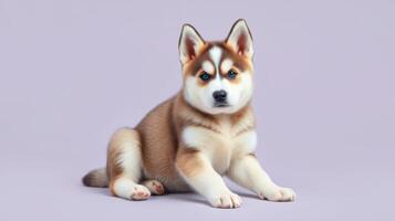Cute husky puppy sitting on a light background with a playful expression looking curious and attentive photo