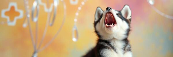 Happy husky puppy howling joyfully against a colorful background in a playful indoor setting photo