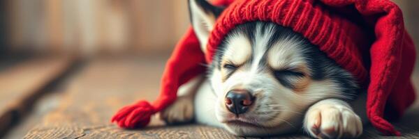 Cute husky puppy sleeping peacefully while wearing a cozy red hat in a warm indoor setting during the morning hours photo