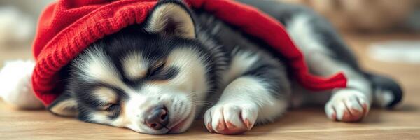 Siberian husky puppy takes a nap on a wooden floor while wrapped in a cozy red blanket during the afternoon photo