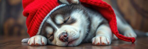 Adorable husky puppy resting peacefully in cozy red sweater during indoor playtime photo