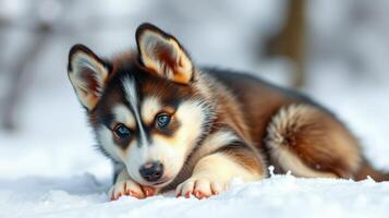Siberian husky rests playfully on fresh snow during a winter afternoon in a serene forest photo