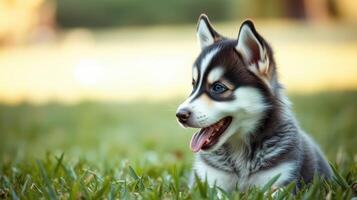 Siberian husky puppy playing in a green grassy field during daylight hours photo
