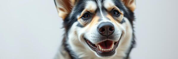Friendly dog with a playful expression against a light background in a cozy indoor setting photo