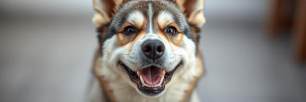 Happy dog with a cheerful expression sitting indoors, enjoying a moment of relaxation and companionship during the day photo
