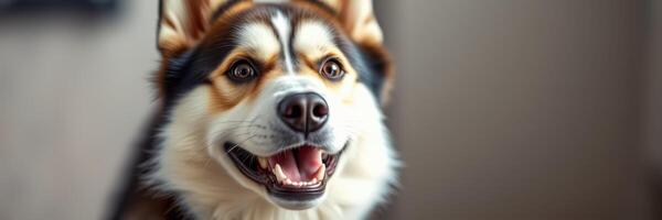 Happy dog with a bright expression enjoying a cozy indoor setting during a sunny day photo