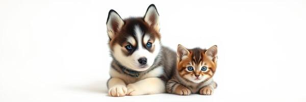 Cute puppy and kitten sit together on a white background in a playful and affectionate pose during a bright sunny day photo