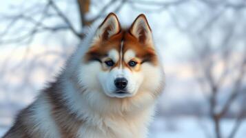 Majestic husky stands proudly in winter landscape surrounded by soft snow and trees at dawn photo