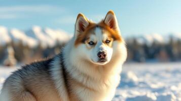 Husky dog sits in snowy landscape with mountains in the background under bright blue sky photo