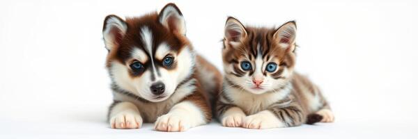 Playful puppy and curious kitten resting together on white background in a cozy indoor setting photo