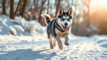Husky running joyfully through snow-covered forest at sunset near tranquil winter landscape photo