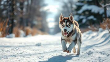 Siberian husky puppy joyfully running through snow-covered pathway in a winter landscape photo
