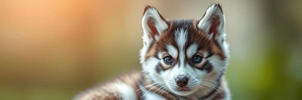 Cute husky puppy playing outdoors during golden hour, showcasing its striking features and playful demeanor photo