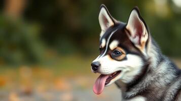 Playful husky puppy enjoying a sunny day outdoors in a park setting with vibrant greenery in the background photo