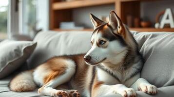 Siberian husky relaxing on a couch in a cozy living room during the afternoon photo
