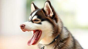 Husky yawning in a bright indoor space showcasing playful personality and warmth photo