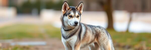 Siberian Husky standing on a pathway during early morning in a park setting photo