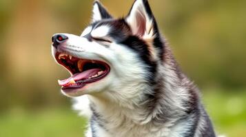 Happy husky enjoying a sunny day outdoors in a vibrant natural setting with a joyful expression photo