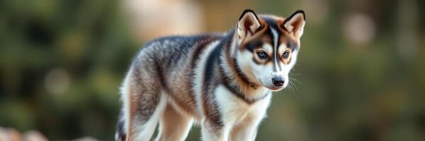 Playful husky puppy explores the outdoors during a sunny afternoon in a wooded area photo