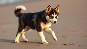 Playful husky puppy running along the sandy beach during sunset photo