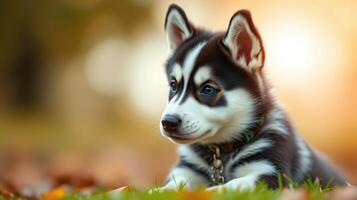 Playful husky puppy lounging in vibrant fall grass at sunset in a serene outdoor setting photo