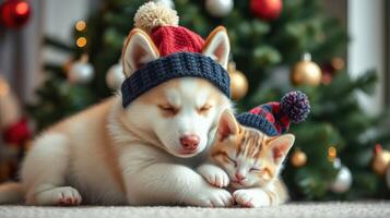 Cute puppy and kitten wear festive hats beside a decorated Christmas tree in a cozy indoor setting during the holiday season photo