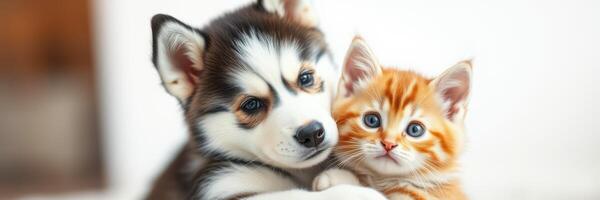 Cute puppy and kitten cuddling together in a cozy indoor setting during daylight photo