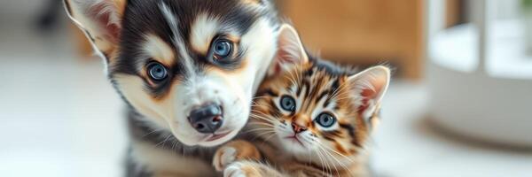 Cute puppy and kitten cuddling together in a cozy indoor setting during a sunny afternoon photo