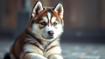 Puppy with striking fur pattern rests on cobblestone, showcasing playful demeanor and curiosity in a calm setting photo