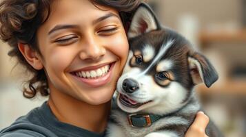 Smiling young woman joyfully holds a playful puppy in a cozy indoor setting photo