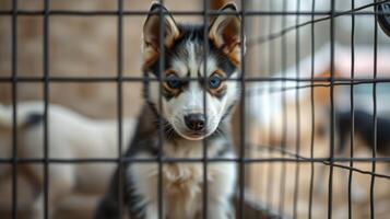 Husky puppy looking through a metal cage in an animal shelter during an adoption event photo