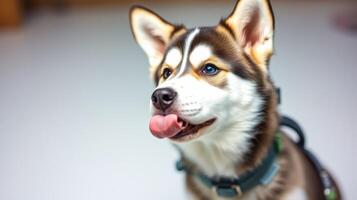 Happy dog in harness enjoying indoor playtime with playful expression and wagging tongue photo