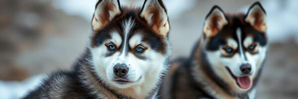 Two playful huskies posing together in a snowy landscape during a winter afternoon photo