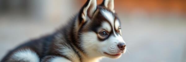 Cute young husky puppy sitting outdoors with soft sunlight highlighting its fur during a calm evening photo