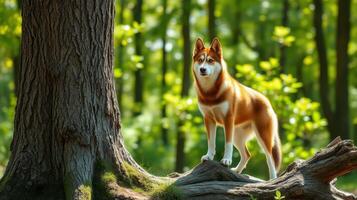 Beautiful husky standing majestically by a tall tree in a vibrant green forest during a sunny day photo