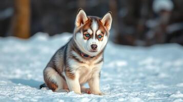 Cute puppy sitting on snow-covered ground in a serene winter landscape holding a curious expression and displaying vibrant fur patterns photo