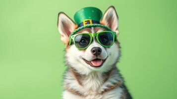 Dog wearing green sunglasses and a leprechaun hat celebrates St. Patrick's Day against a bright backdrop photo