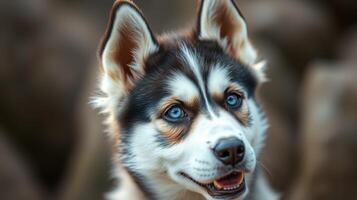 Cute husky puppy with striking blue eyes exploring a natural outdoor environment on a sunny day photo