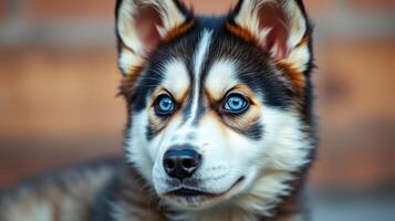 Cute husky puppy with striking blue eyes posed against a rustic wooden background at a sunny outdoor setting photo