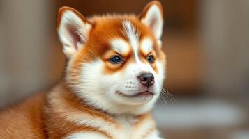 Cute shiba inu puppy relaxing indoors with a calm expression in warm lighting photo