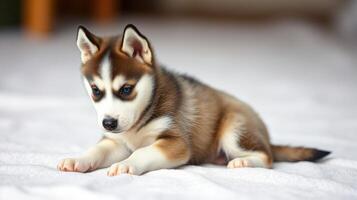 Cute husky puppy lying on a cozy white blanket indoors during the day photo