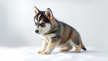 Cute husky puppy poses playfully on a soft surface in a well-lit indoor setting during daytime photo