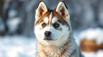 Beautiful husky puppy in snowy landscape showcasing blue eyes and thick fur during a winter day photo
