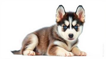 Cute and playful husky puppy with striking blue eyes resting indoors photo