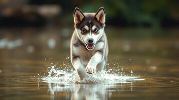 Excitable husky puppy splashes through water during a sunny afternoon in nature photo
