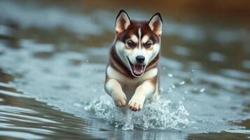 Energetic dog splashes through water while enjoying a sunny day outdoors photo