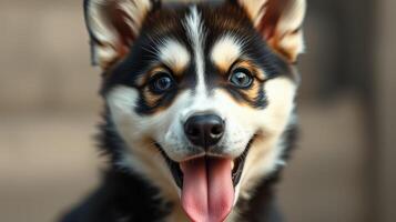Playful dog with bright blue eyes enjoys a sunny day outdoors in the park with its tongue out and a happy expression photo