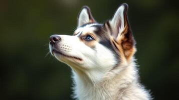 Beautiful husky dog with striking features posed against a soft, green background on a sunny day in a park photo