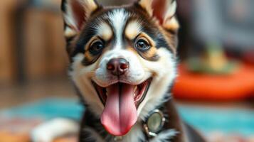 Happy puppy with bright smile playing indoors at home in cozy setting photo